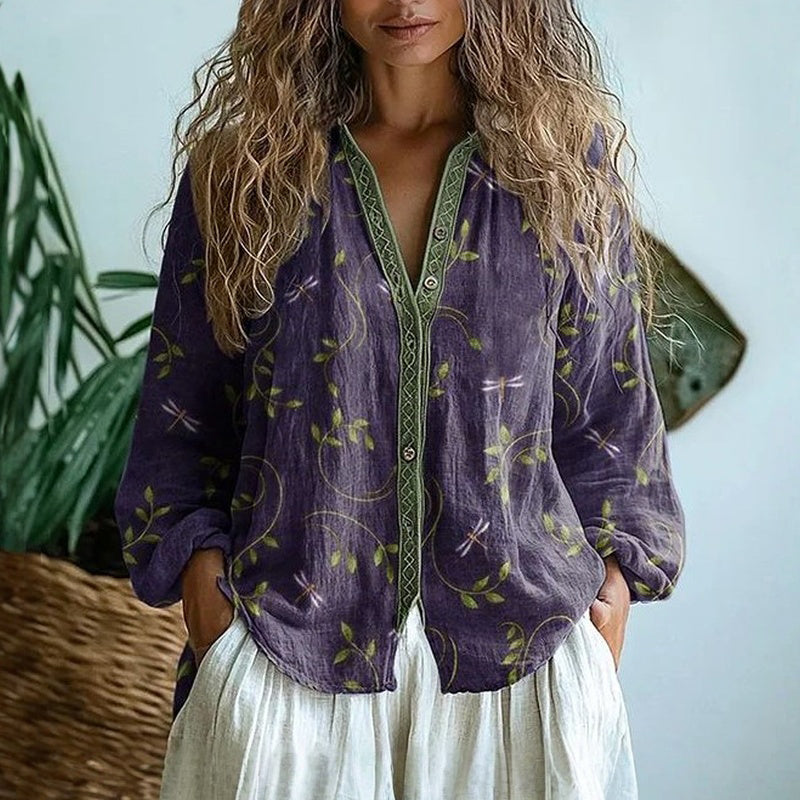 Amber | Elegant Vintage Leaf Print Shirt