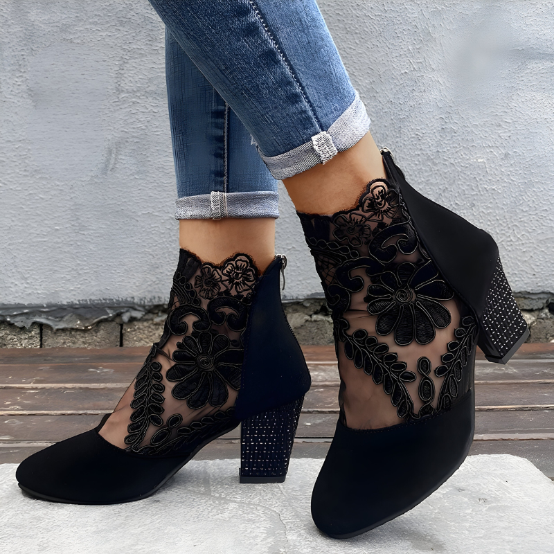 Mila | Elegant Lace Block Heel Ankle Boots