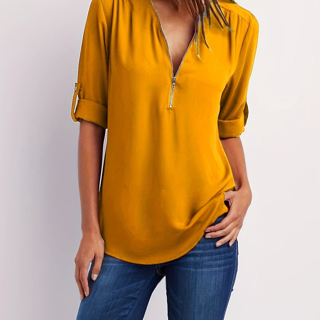 Ariana | Sleek Zip-Front V-Neck Blouse