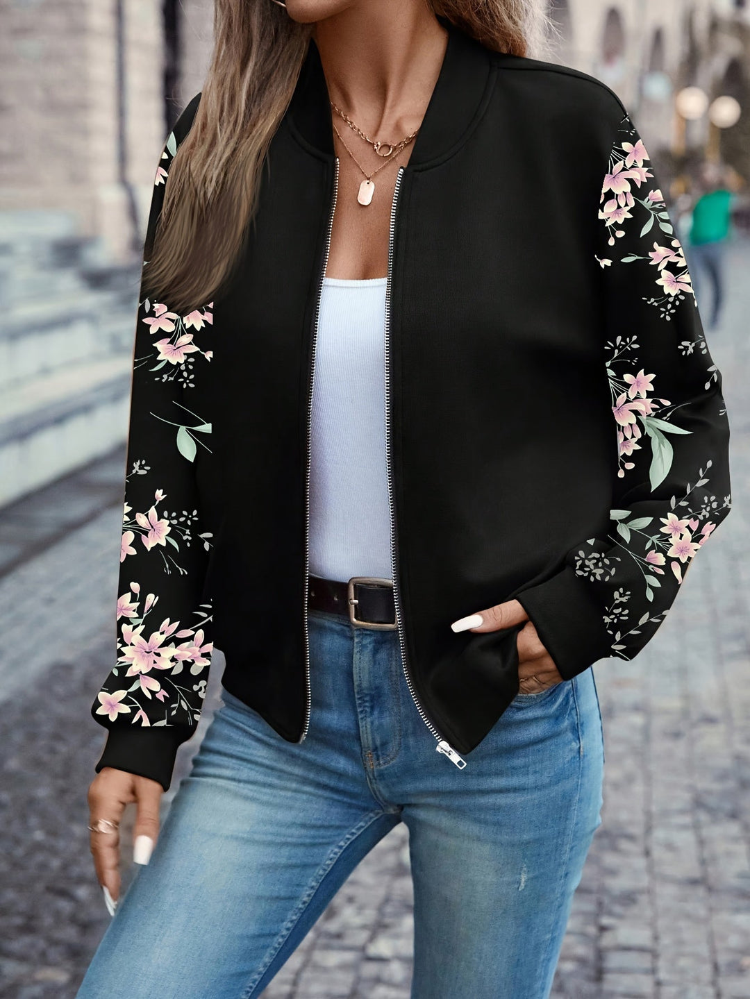 Harper | Floral Sleeve Zip Jacket