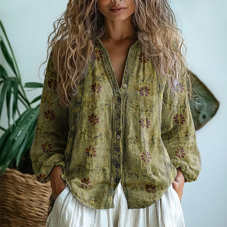 Amber | Elegant Vintage Leaf Print Shirt