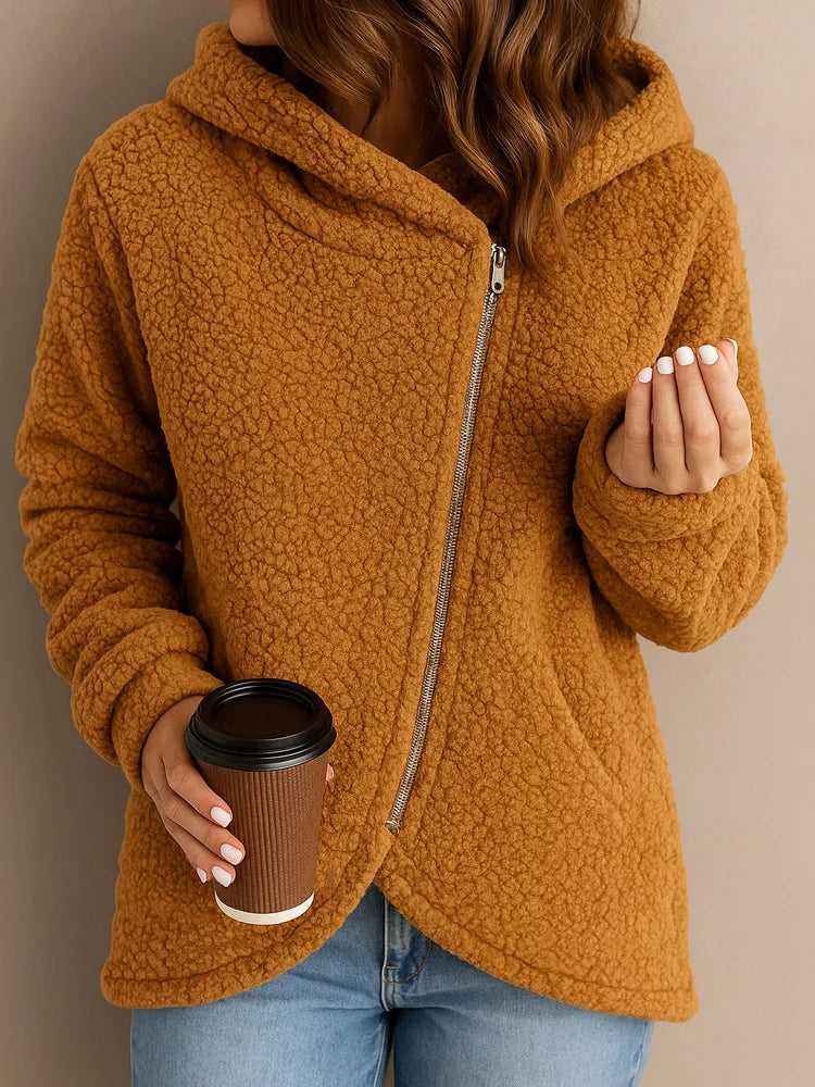Lena | Cozy Angled Zip Hooded Jacket
